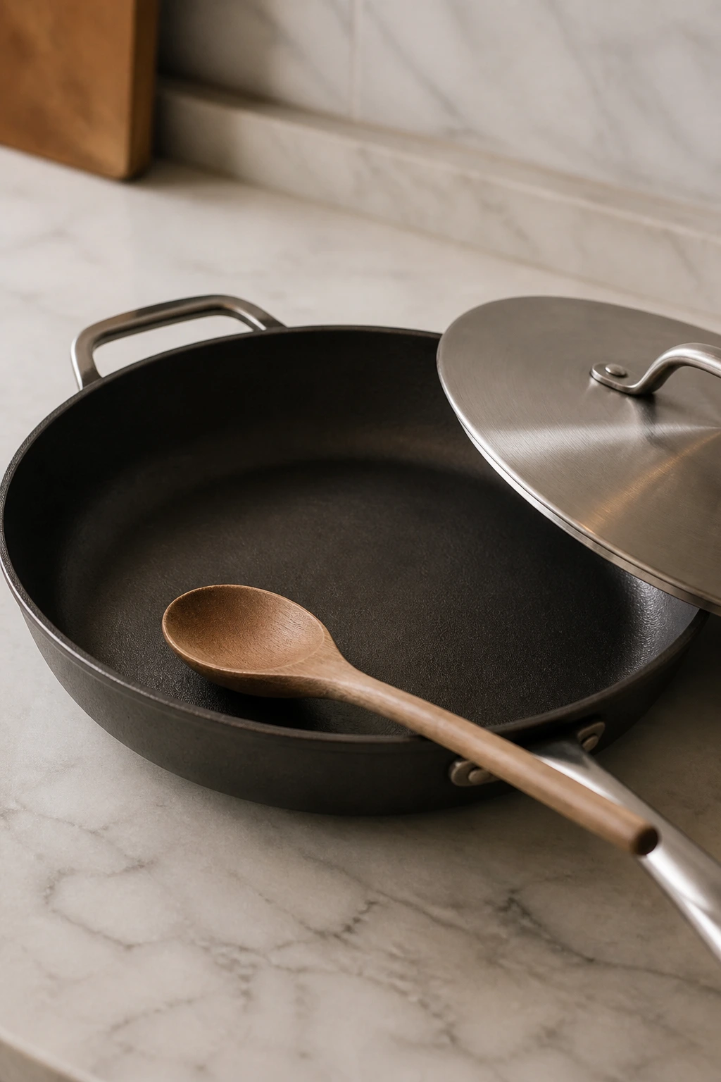 Skillet with lid and wooden spoon on kitchen counter