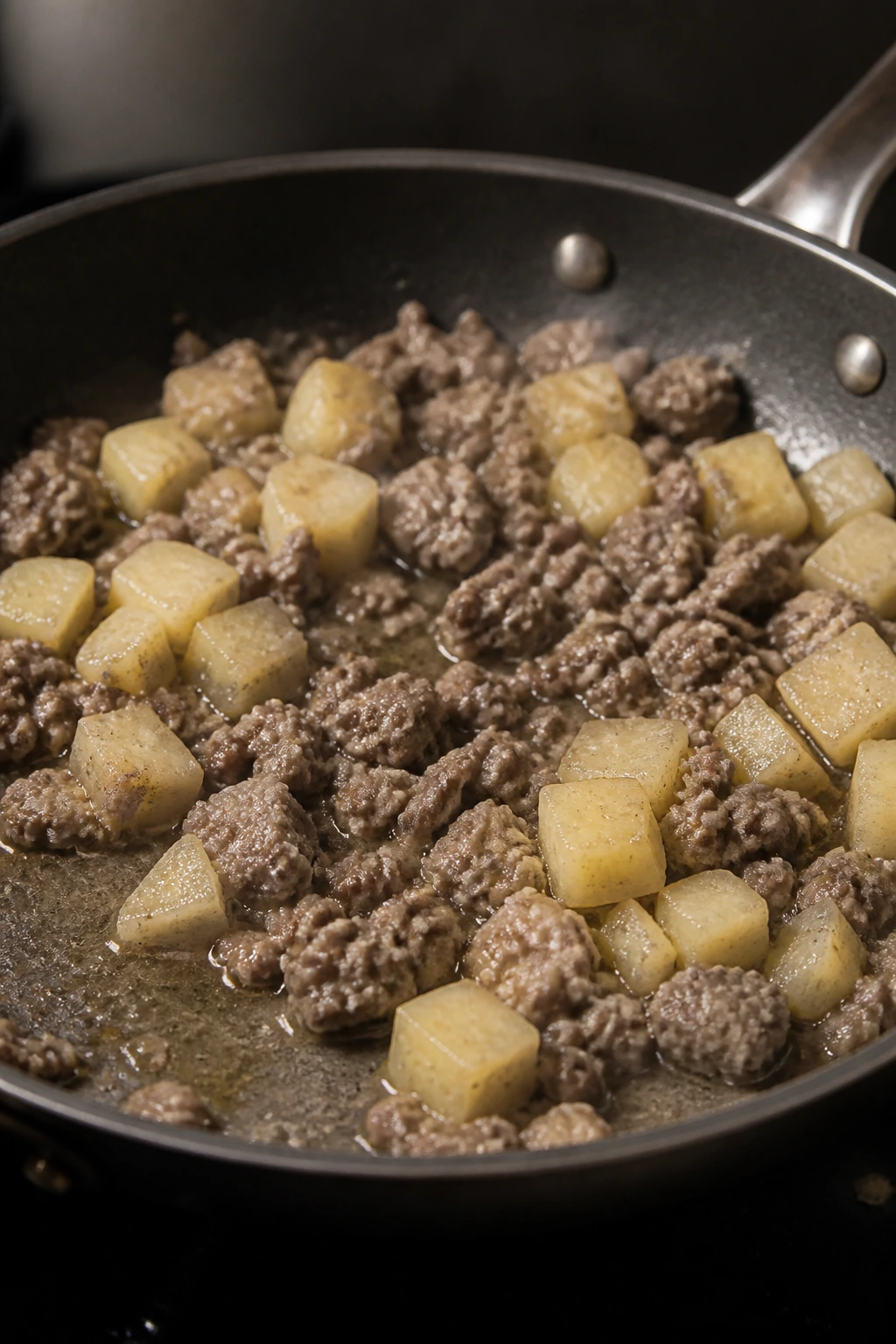 Pan with bland gray-brown beef and undercooked potatoes