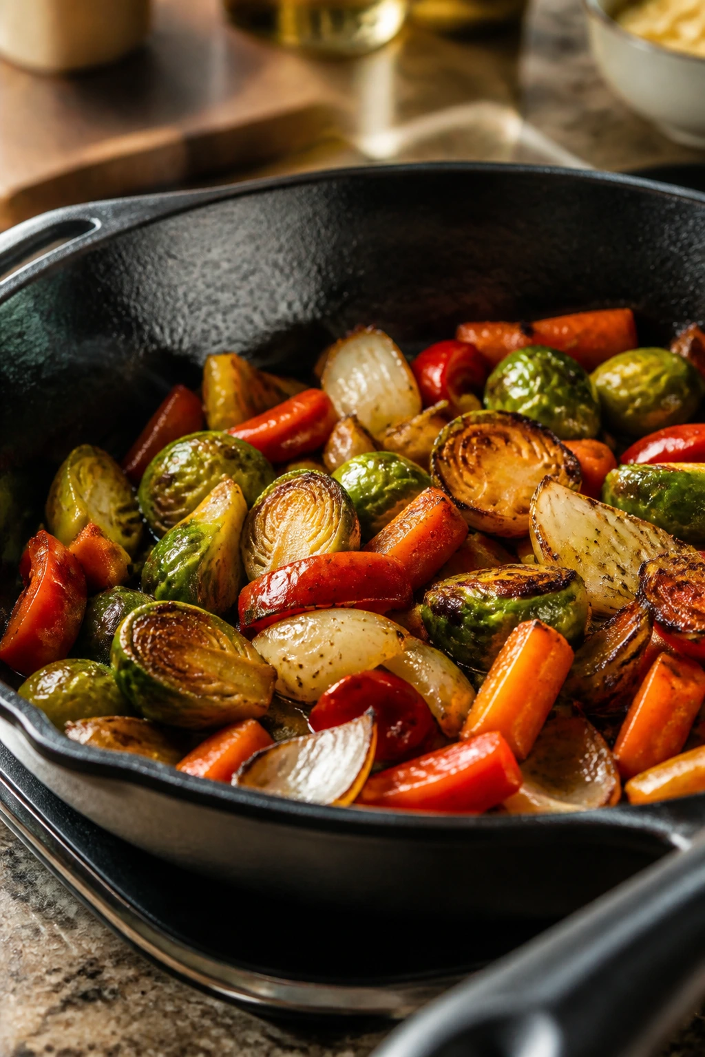 Cast-iron skillet with oil and browned vegetables in a kitchen setting.