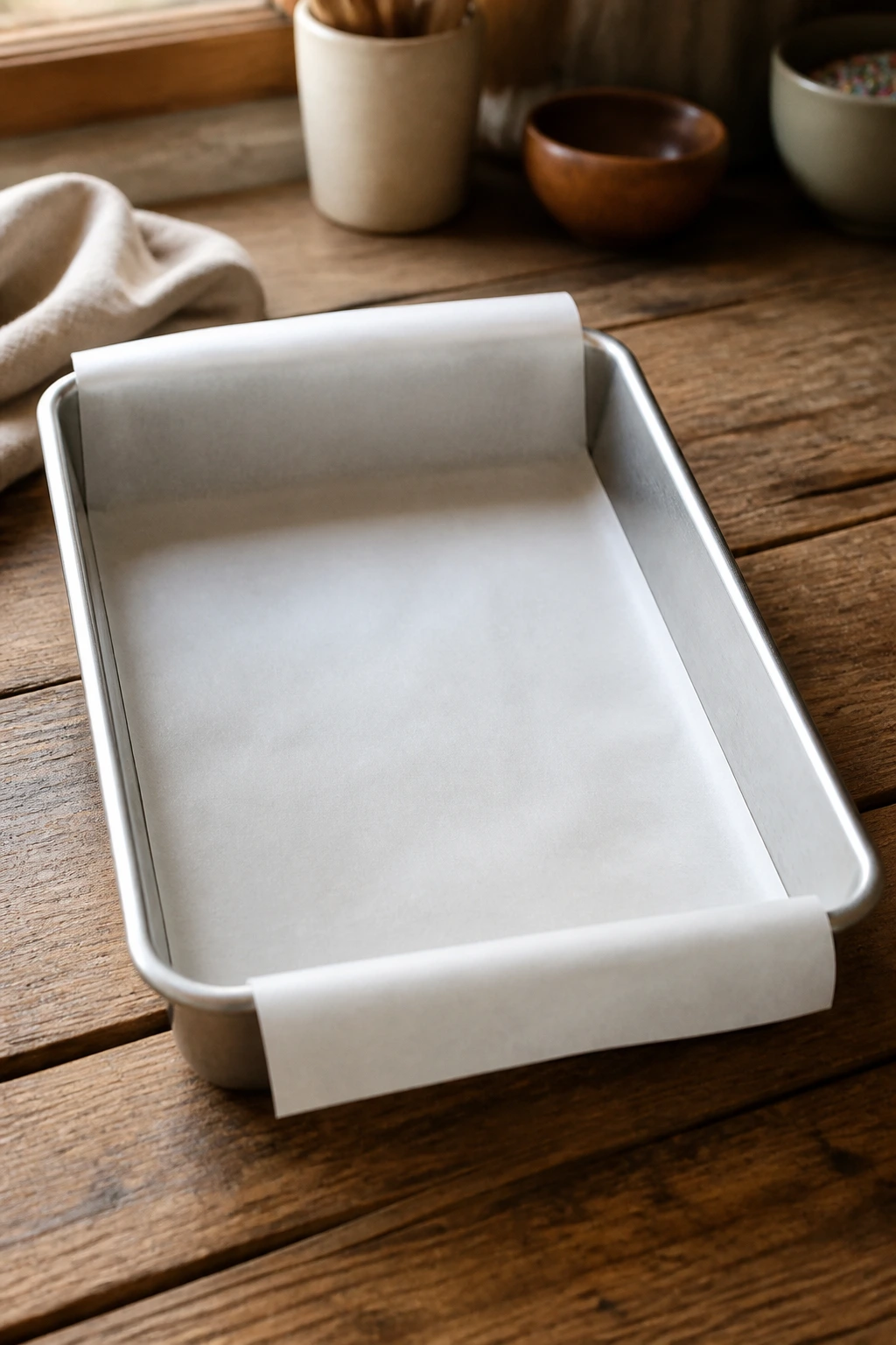 Close-up of a lined 9x13-inch metal baking pan in a warm kitchen