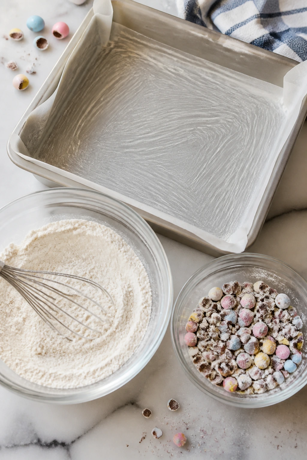 Greased pan lined with parchment and bowl of dry ingredients
