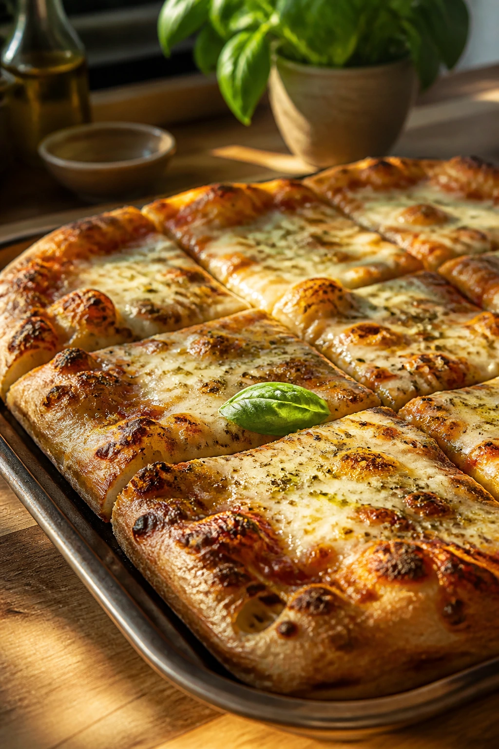 Close-up of pan pizza with blistered crust and herbs in a cozy kitchen
