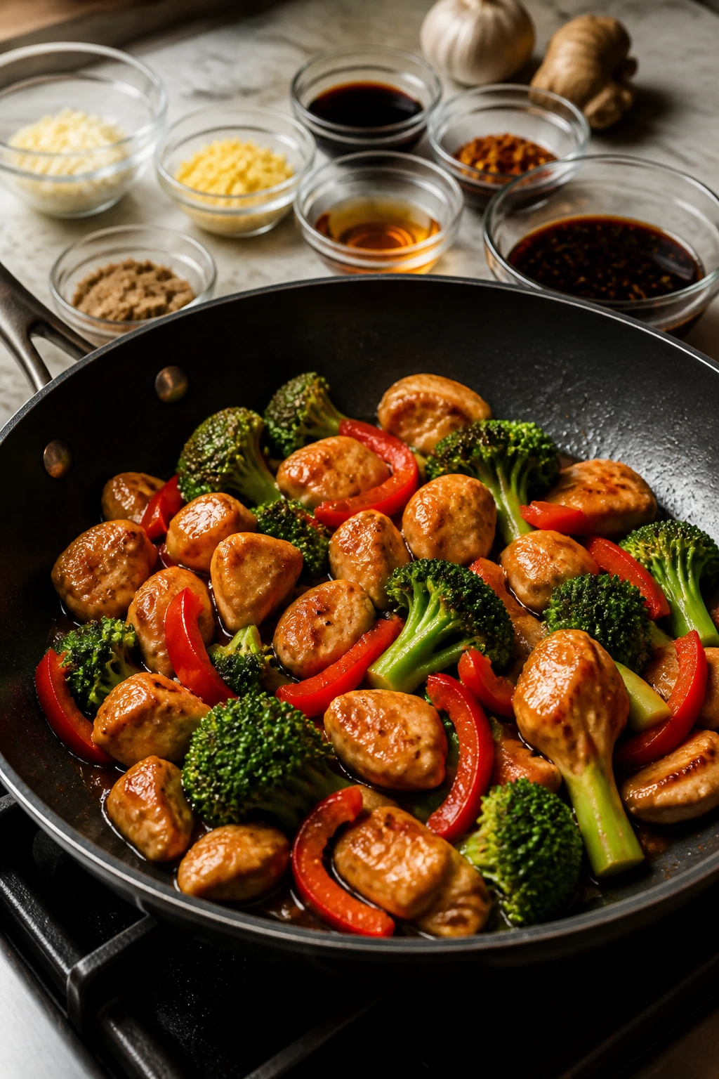 Pan with chicken and vegetables ready to glaze in a glossy stir-fry