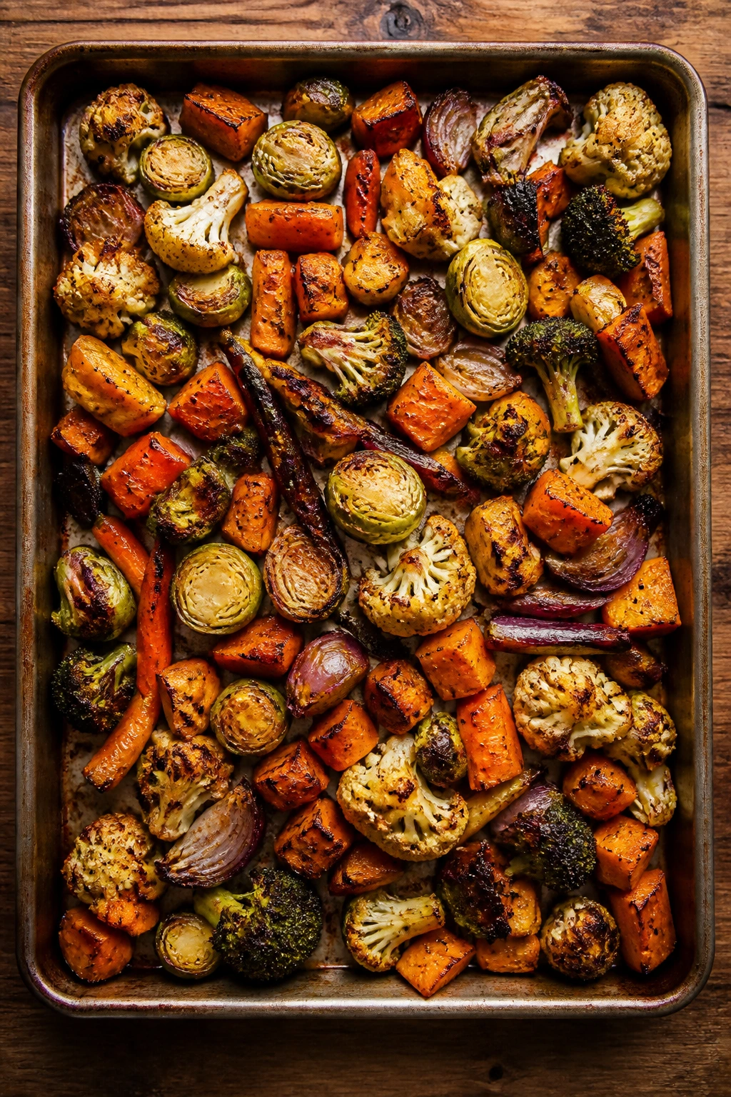Pan of caramelized vegetables filling frame on a wooden table