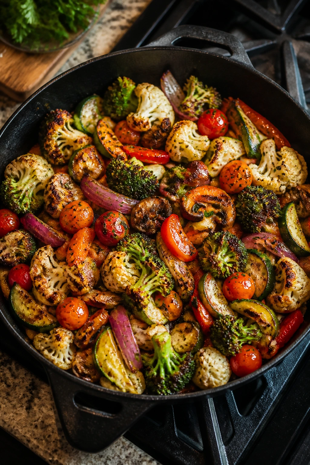 Top-down view of a skillet filled with roasted vegetables