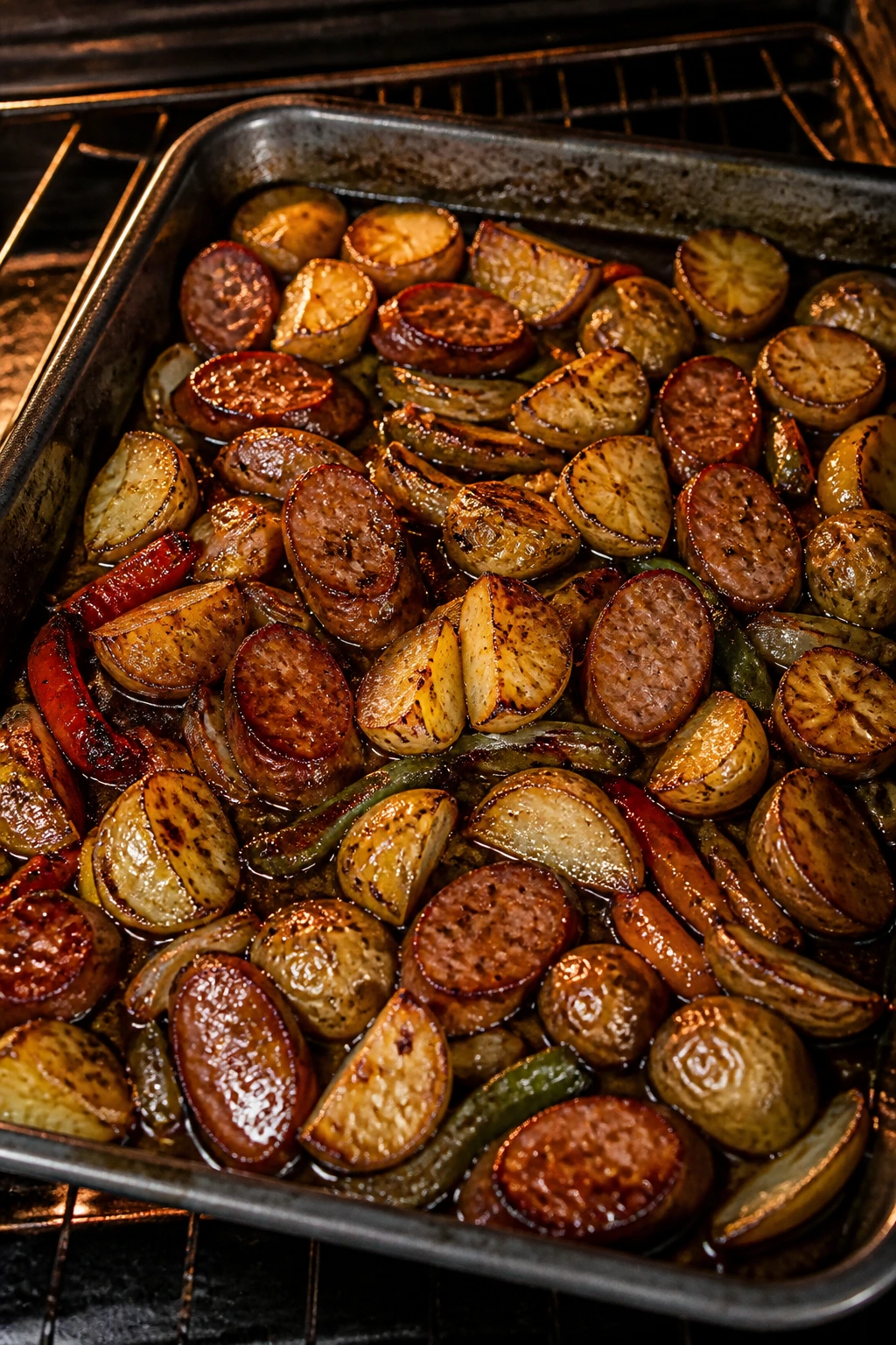 Close-up of a pan with browned potatoes and sausage in glossy glaze