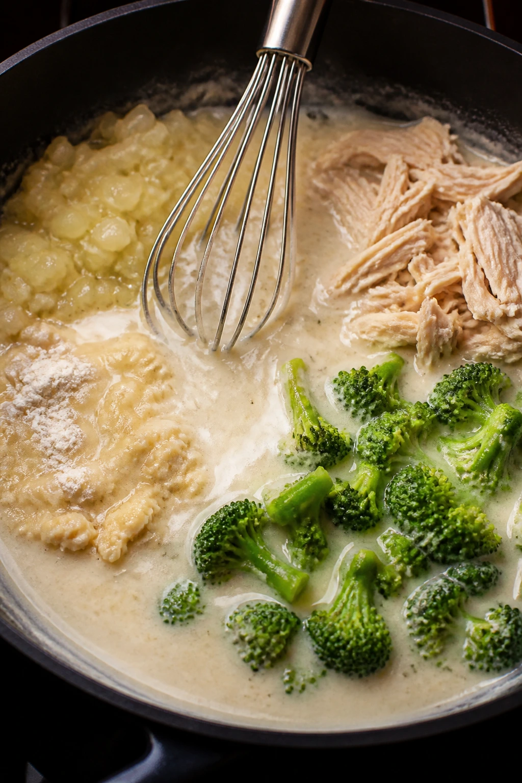 Skillet with butter, onions, garlic, roux forming, chicken and broccoli added