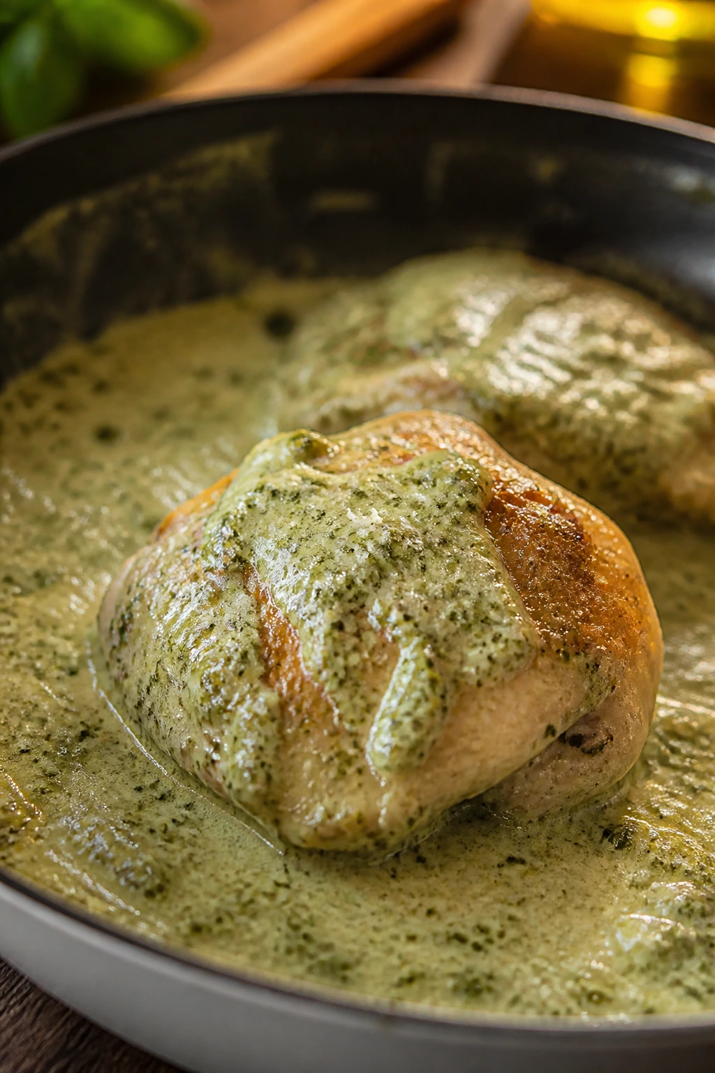 Medium-close view of a skillet with glossy pale-green pan sauce coating a chicken thigh