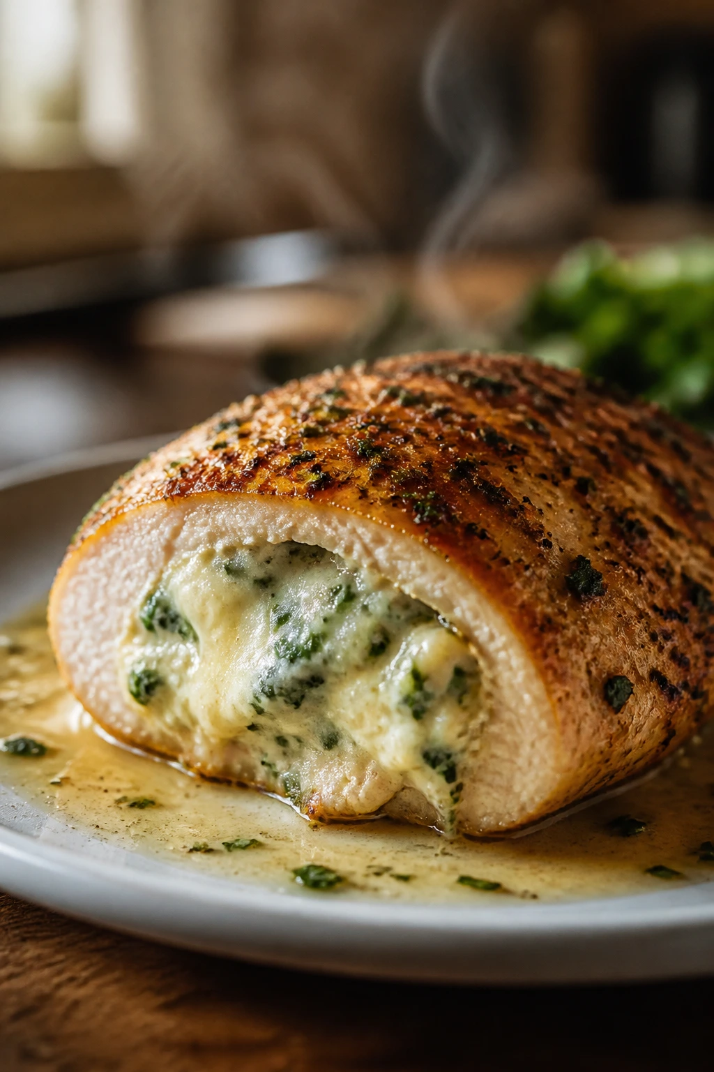 Plated stuffed chicken breast with sauce; appetizing and repeat-worthy