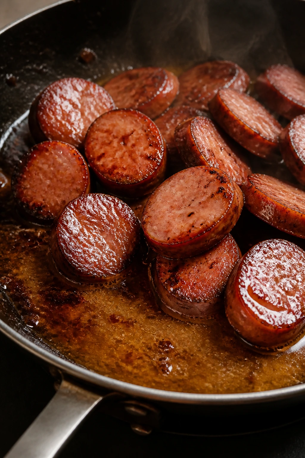 Sausage in a skillet with a glossy pan sauce coating the bottom.