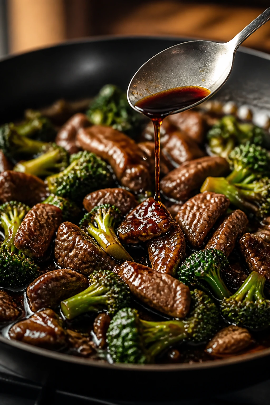 Pan with glossy beef and broccoli sauce, spoon pouring vinegar into the pan
