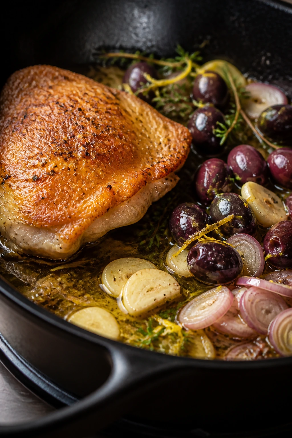 Skillet with browning chicken thigh, olives, and aromatics