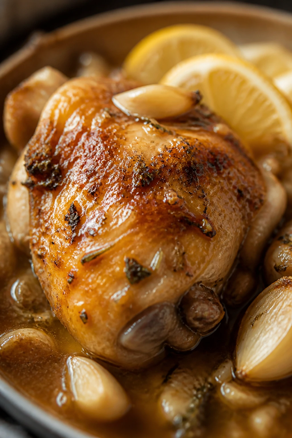 Glossy roasted chicken thigh with pan sauce and lemon zest in a warm kitchen