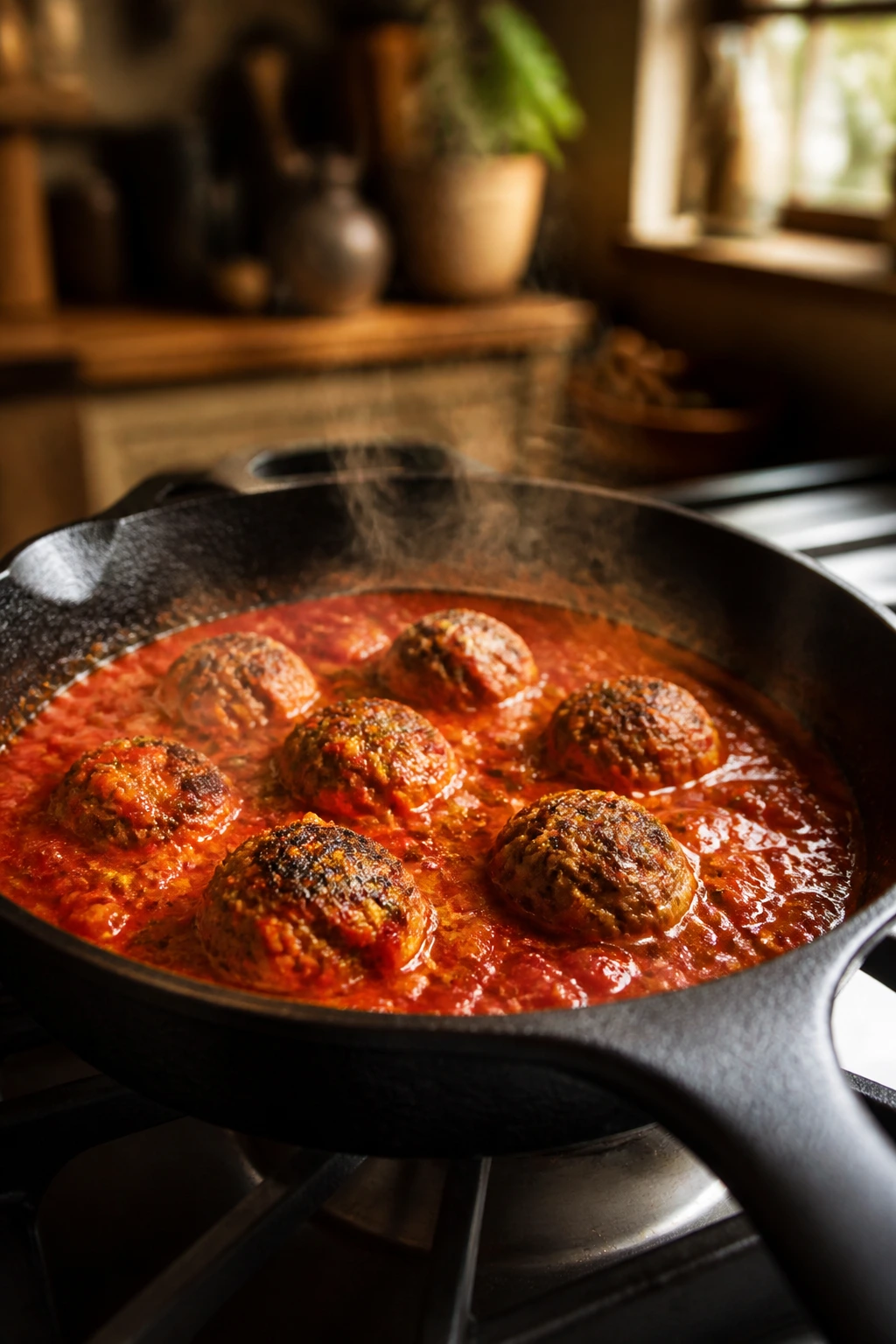 Cast-iron skillet with simmering tomato sauce and meatballs in a rustic kitchen.