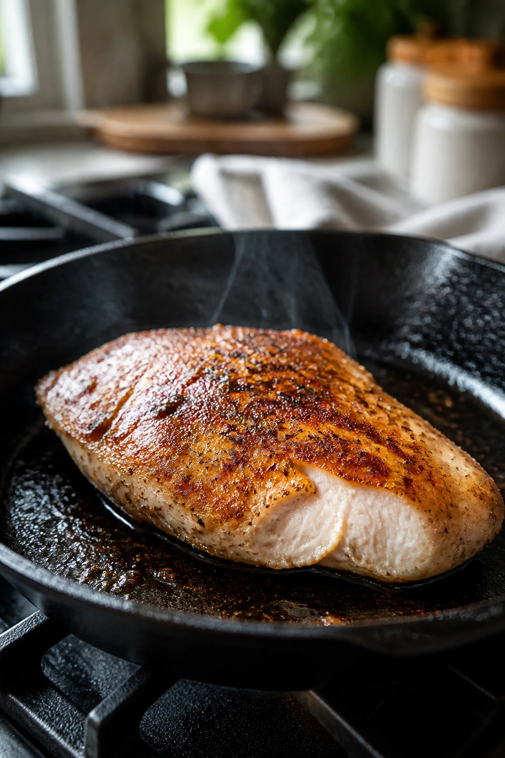 Searing chicken breast in cast-iron skillet with browned edges and juicy center