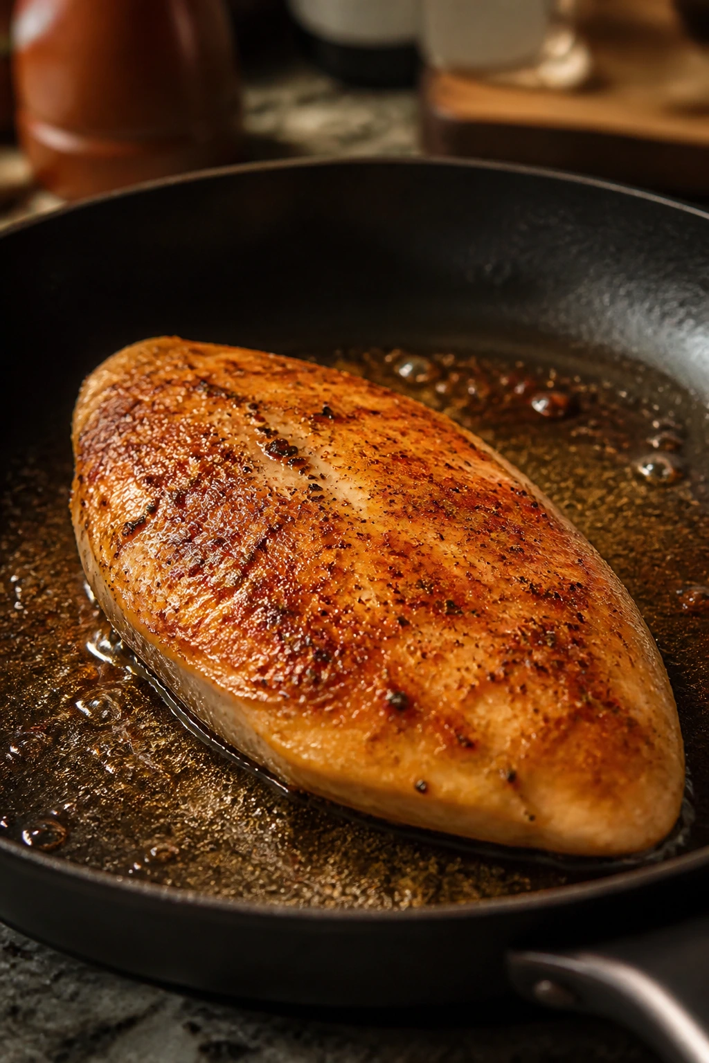 Chicken breast browning in a pan with crust forming