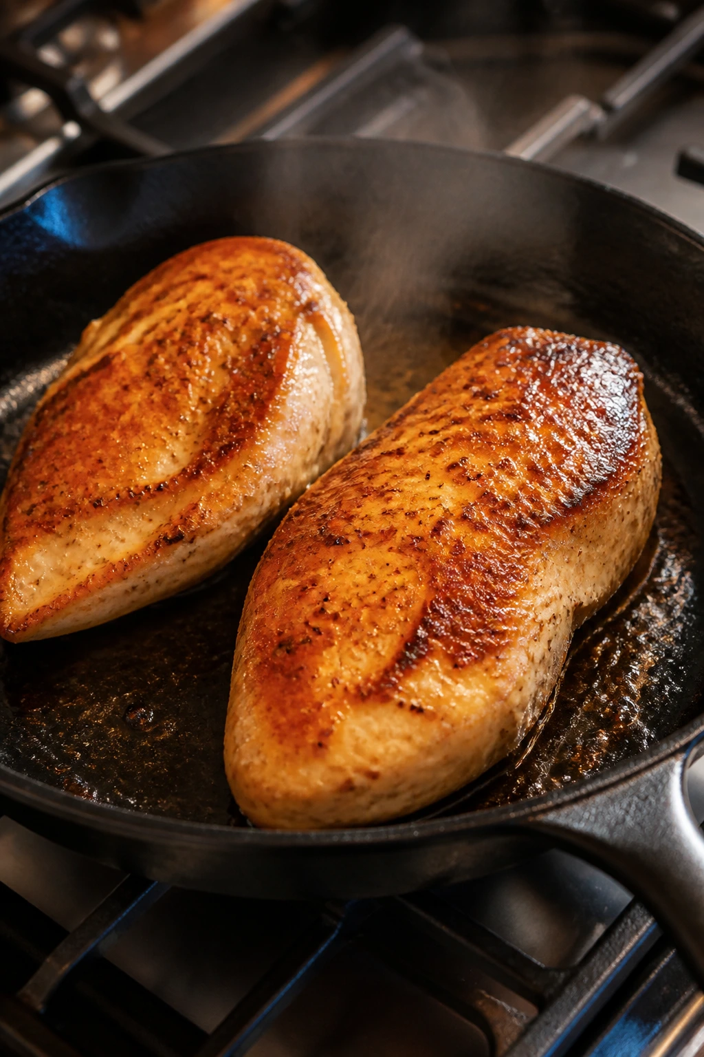Close-up of browned chicken breasts in a skillet on a warm kitchen stove