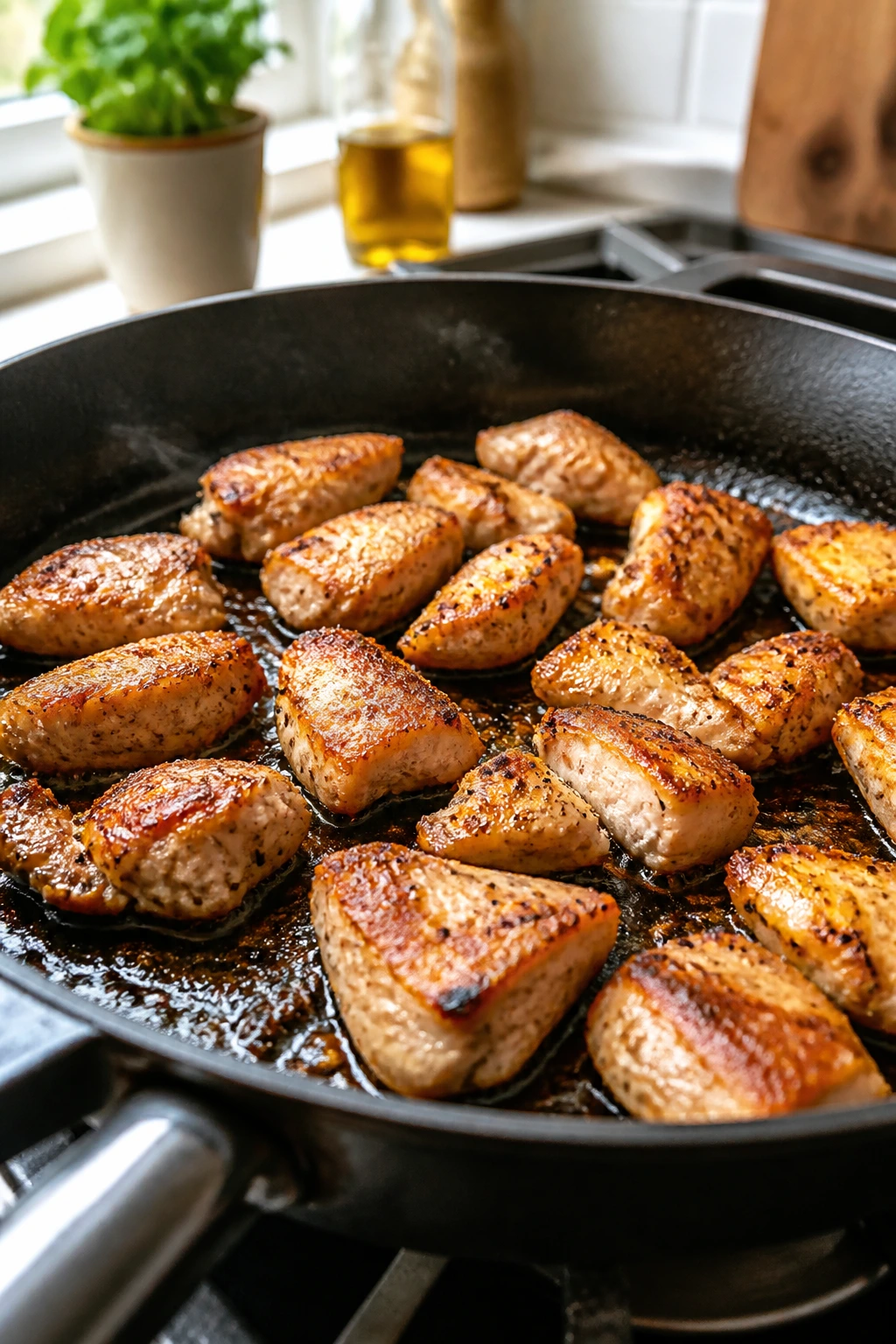 Skillet seared chicken pieces browning in hot oil