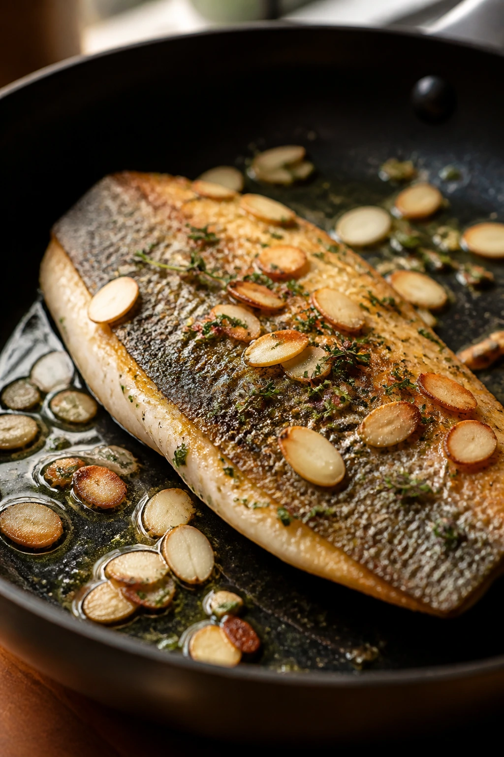 Close-up of pan-seared trout with almonds and herbs in a skillet