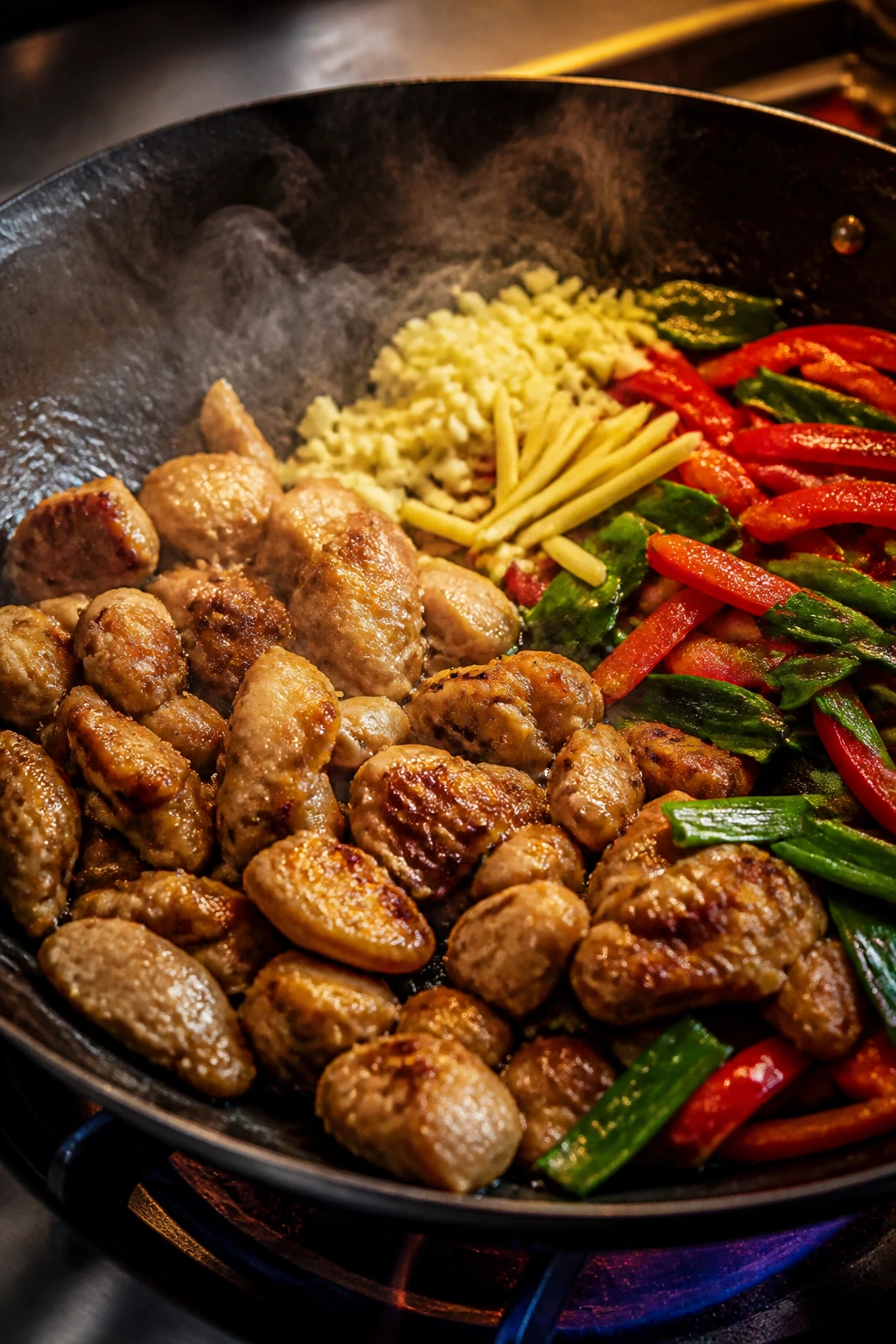 Searing chicken in a hot pan with garlic, ginger, and vegetables