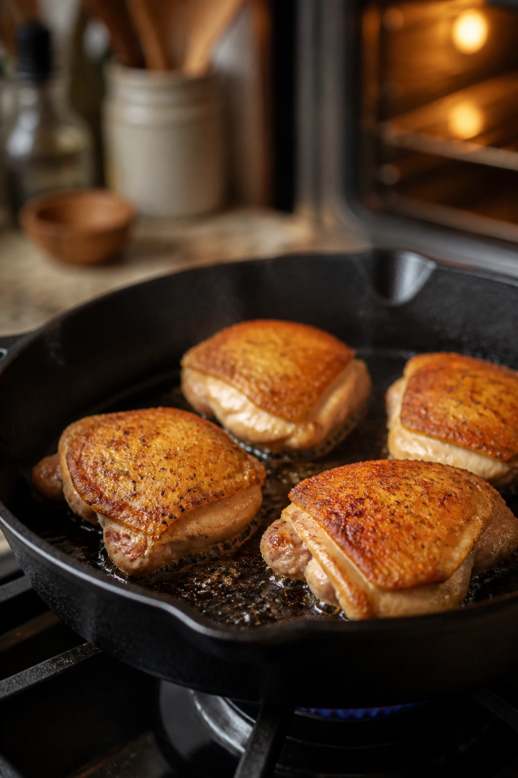 Searing chicken thighs in a cold cast-iron skillet on the stove as part of the pan-to-oven method