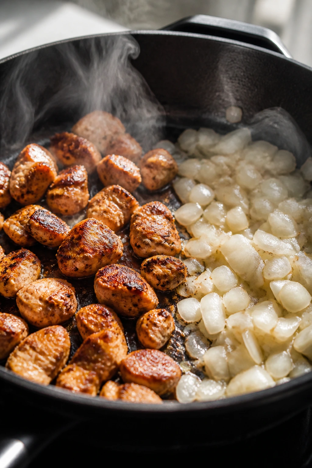 Pan shows browning chicken on one side and onions softening on the other