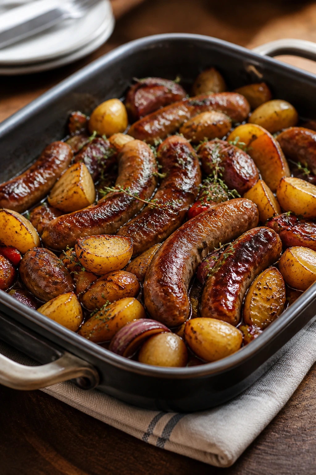 Close-up of a glazed pan with potatoes, onions, and sausage ready to serve at the table