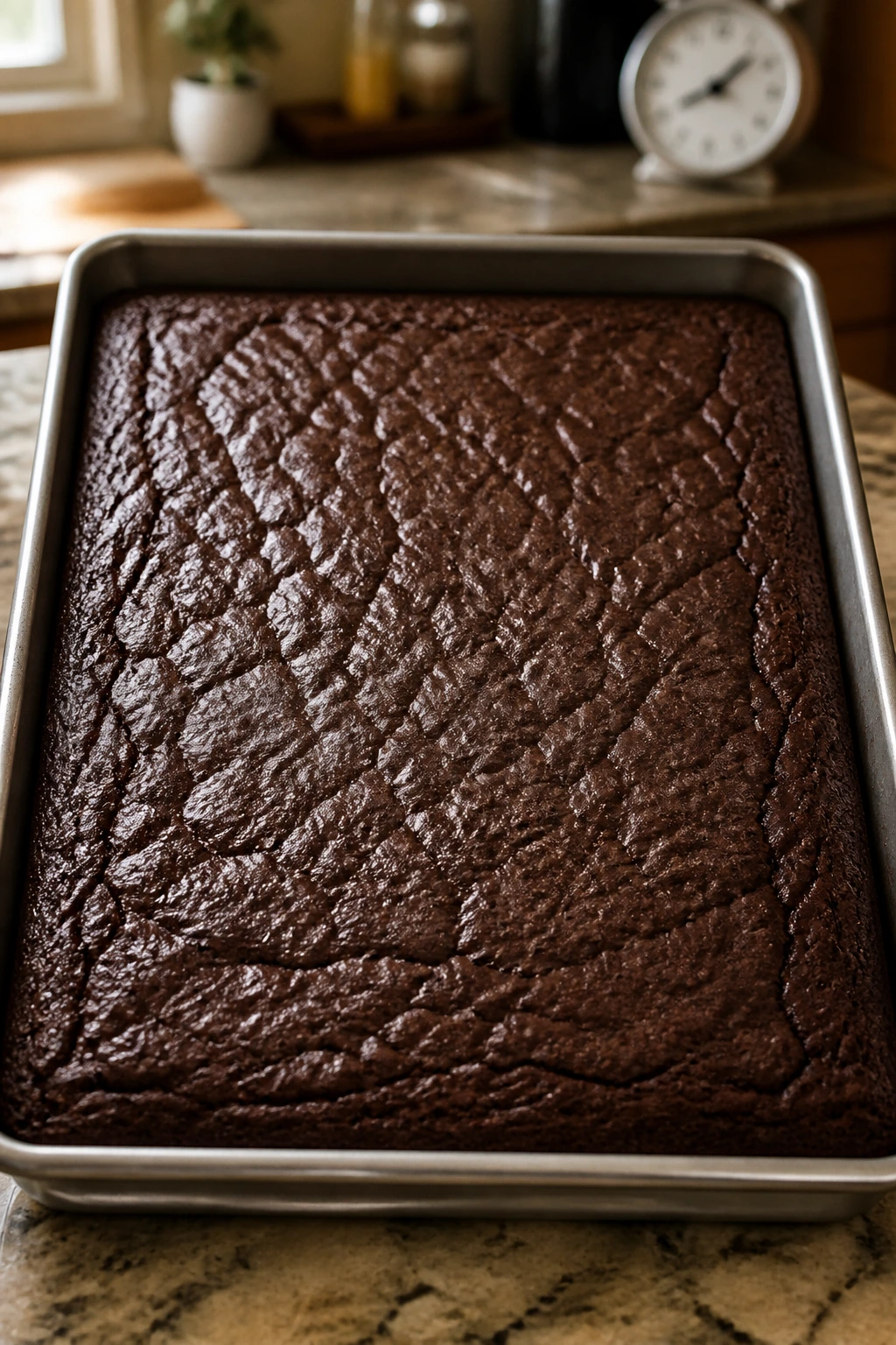 Top-down close-up of a flat brownie slab in a pan on a kitchen counter
