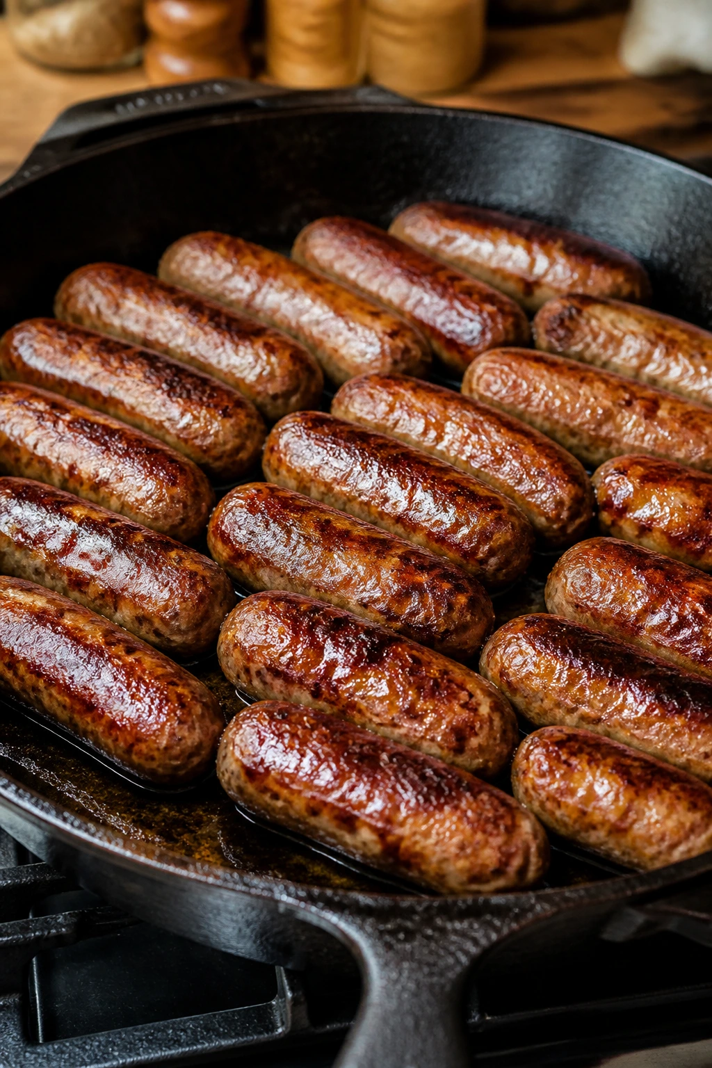 Close-up of a skillet with sausage links filling the frame in a warm kitchen
