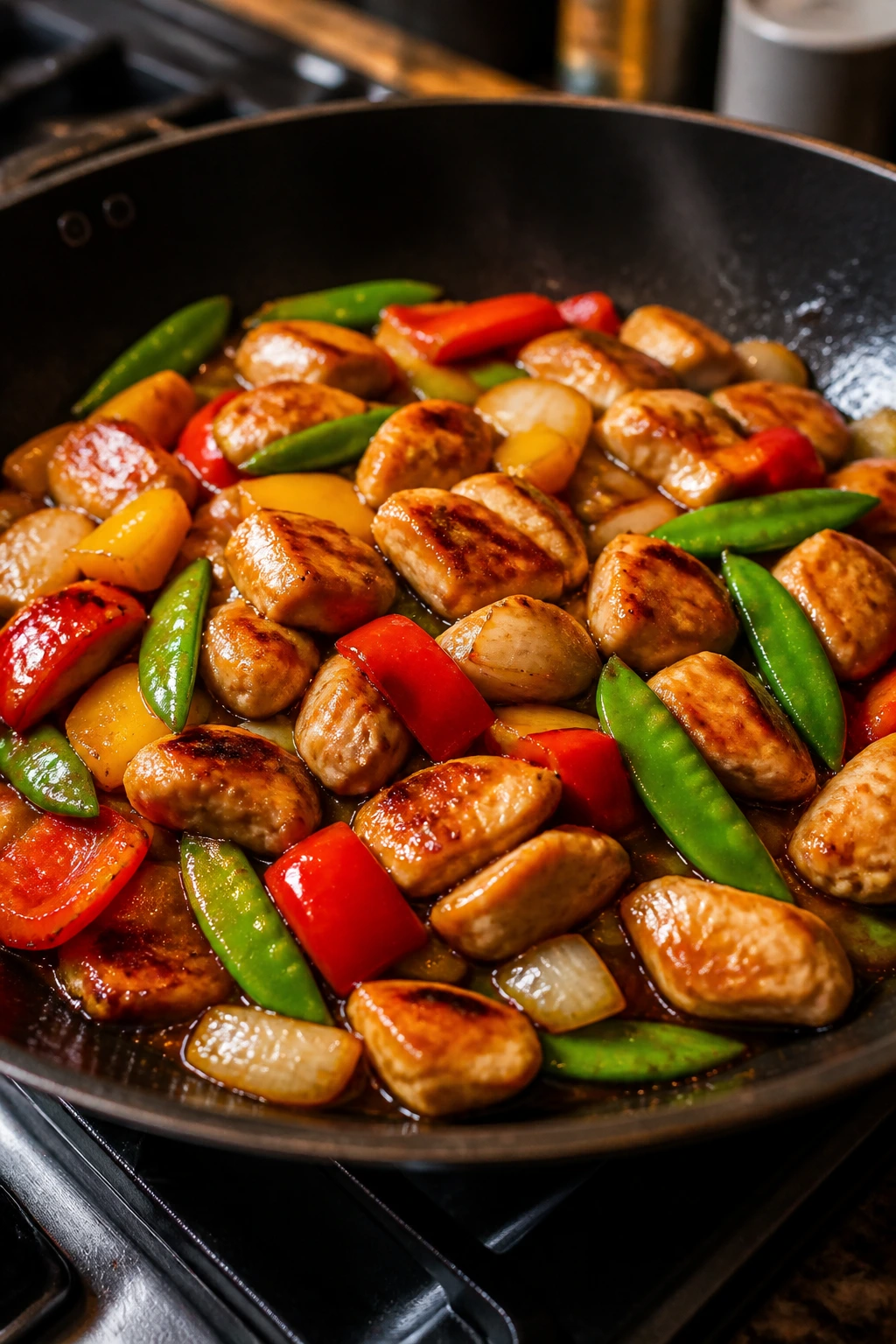 Sizzling stir fry in a large skillet with browned chicken and crisp vegetables