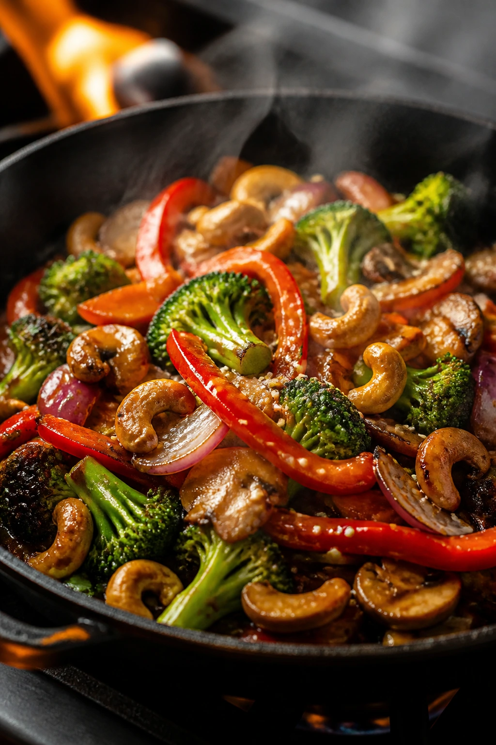 Sizzling stir-fry in a pan with glossy glaze and cashews