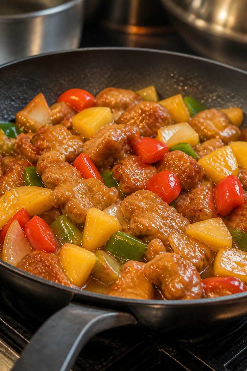 Close-up of a pan with crisp pork browning on a stove