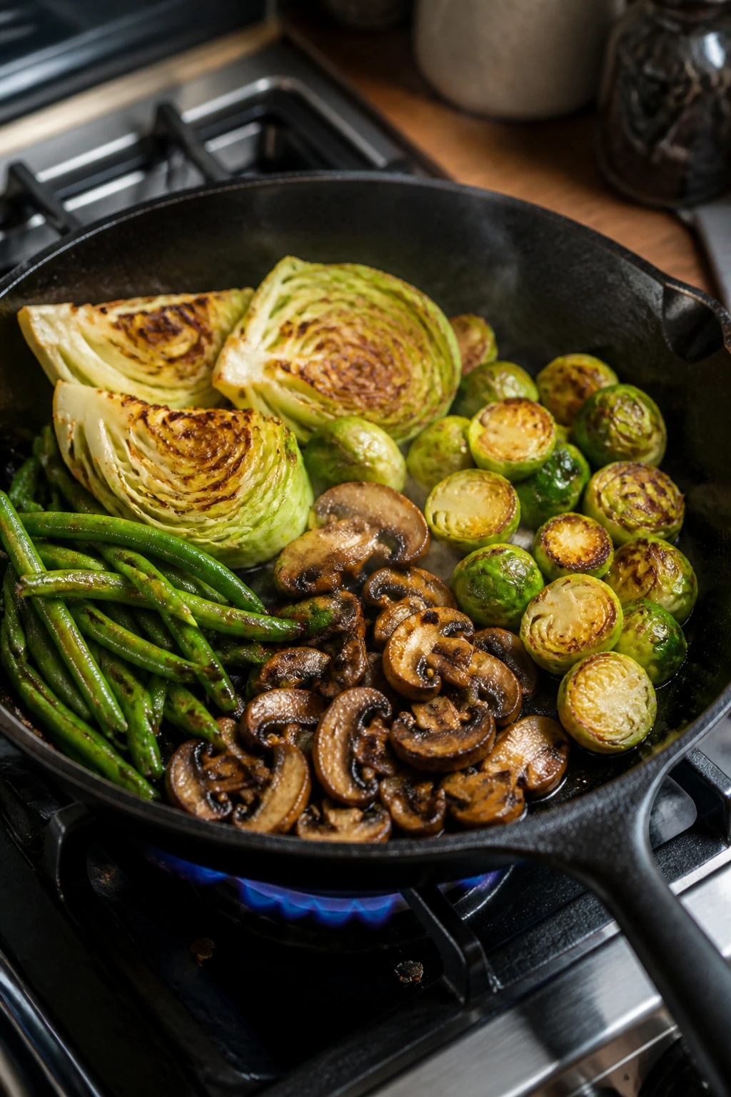 Close-up of browning vegetables in a cast-iron skillet on a stove