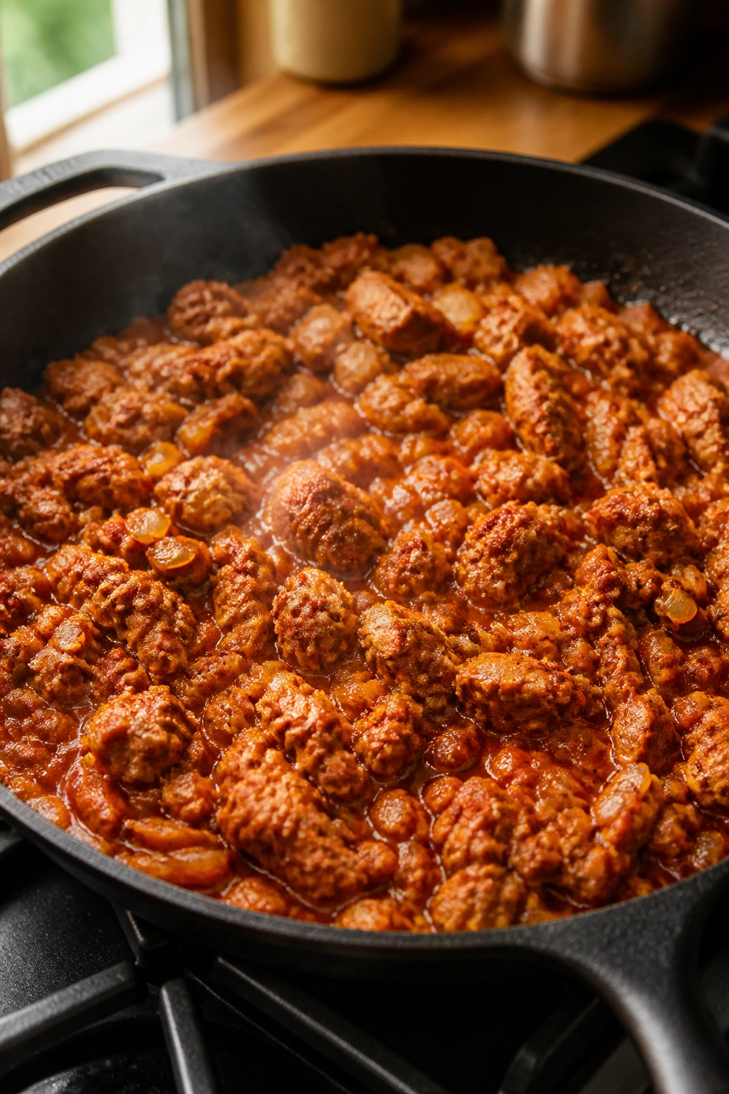 Close-up of a sizzling pan with chicken and onion mixture on stove