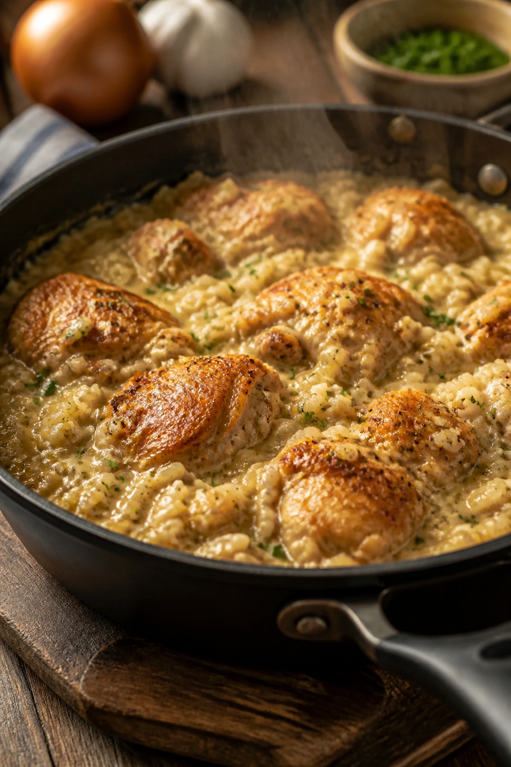 Creamy chicken and rice in a heavy skillet with dark handle