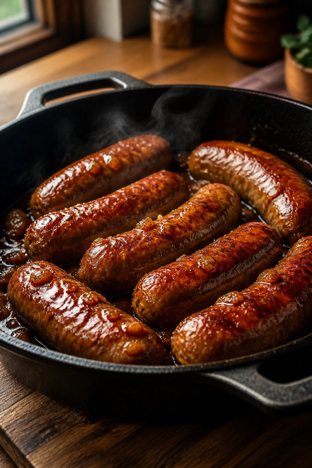 Close-up of sausages browning in a glossy glaze in a skillet