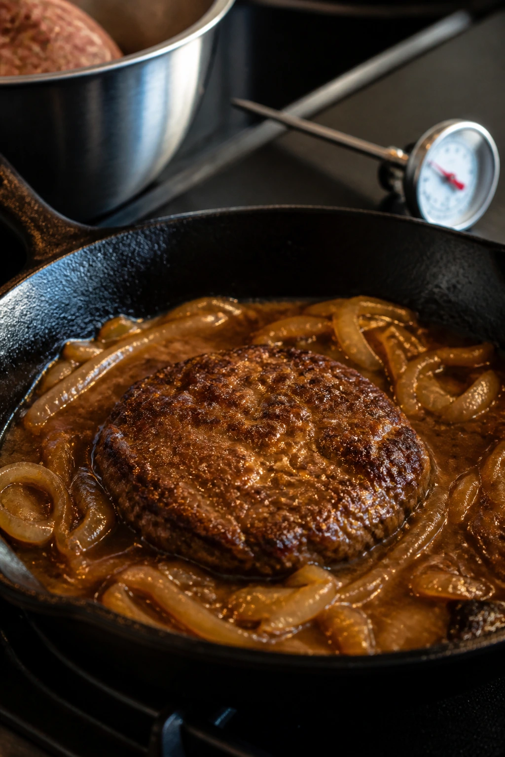Hamburger patty in skillet with gravy and thermometer nearby