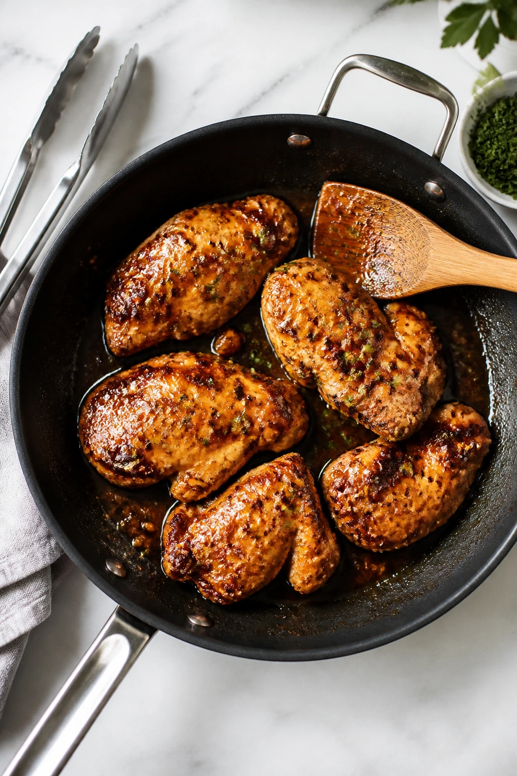 Skillet with seared honey chicken and utensils on a bright kitchen counter