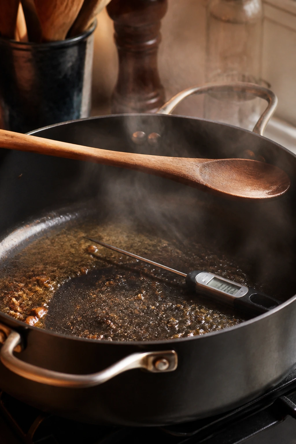 Pan with spoon and thermometer ready for one-pot cooking