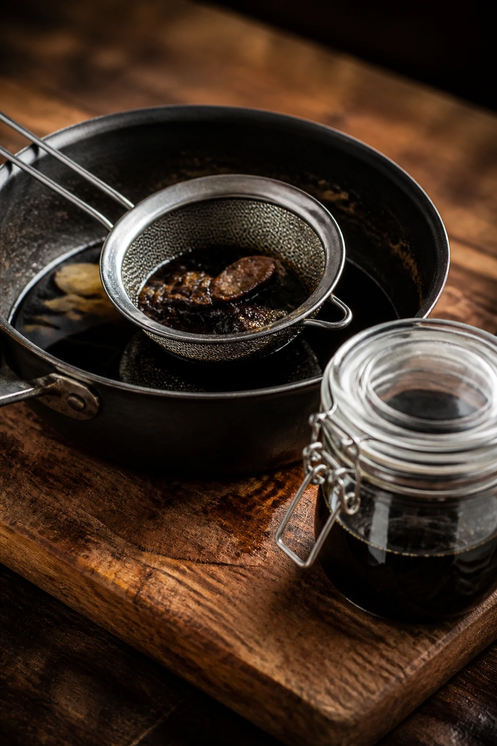 Pan, strainer, and jar arranged on a wooden surface