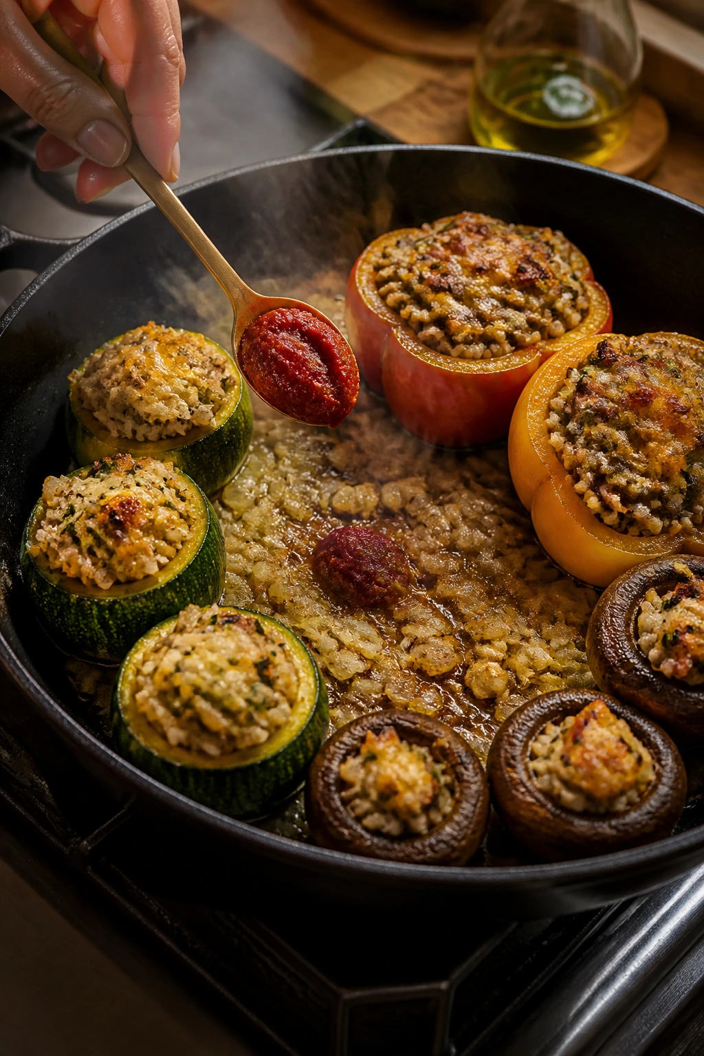 Skillet with stuffed veggies being enhanced with tomato paste over onions, steam rising