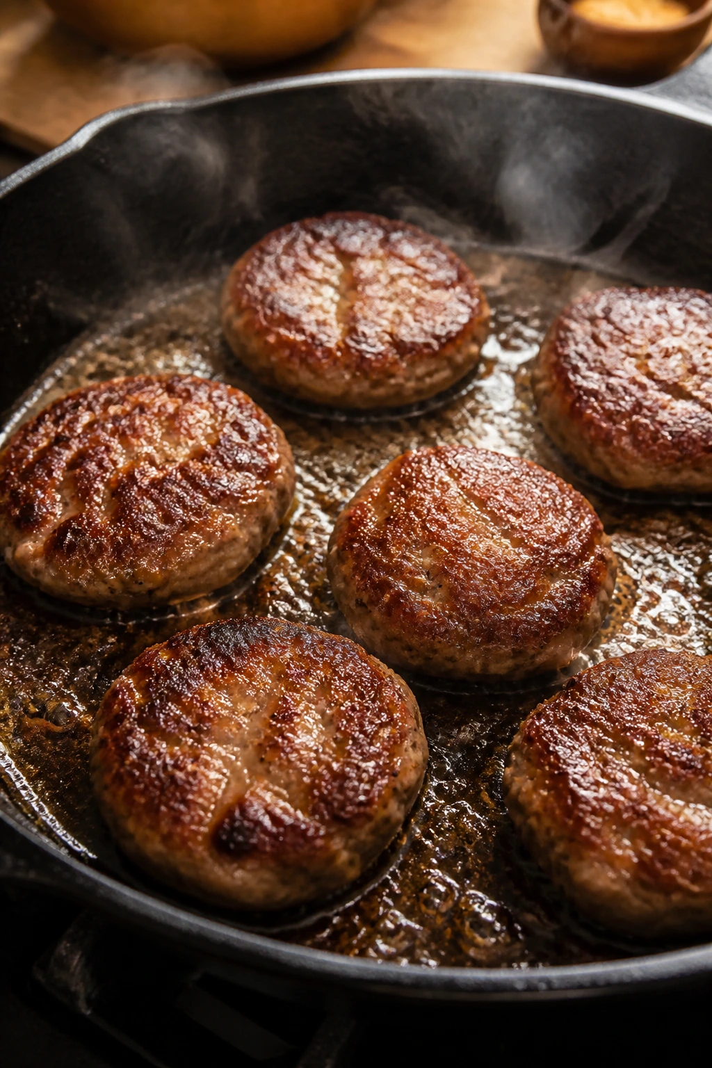 Sausage patties browning in a cast-iron skillet with glaze forming