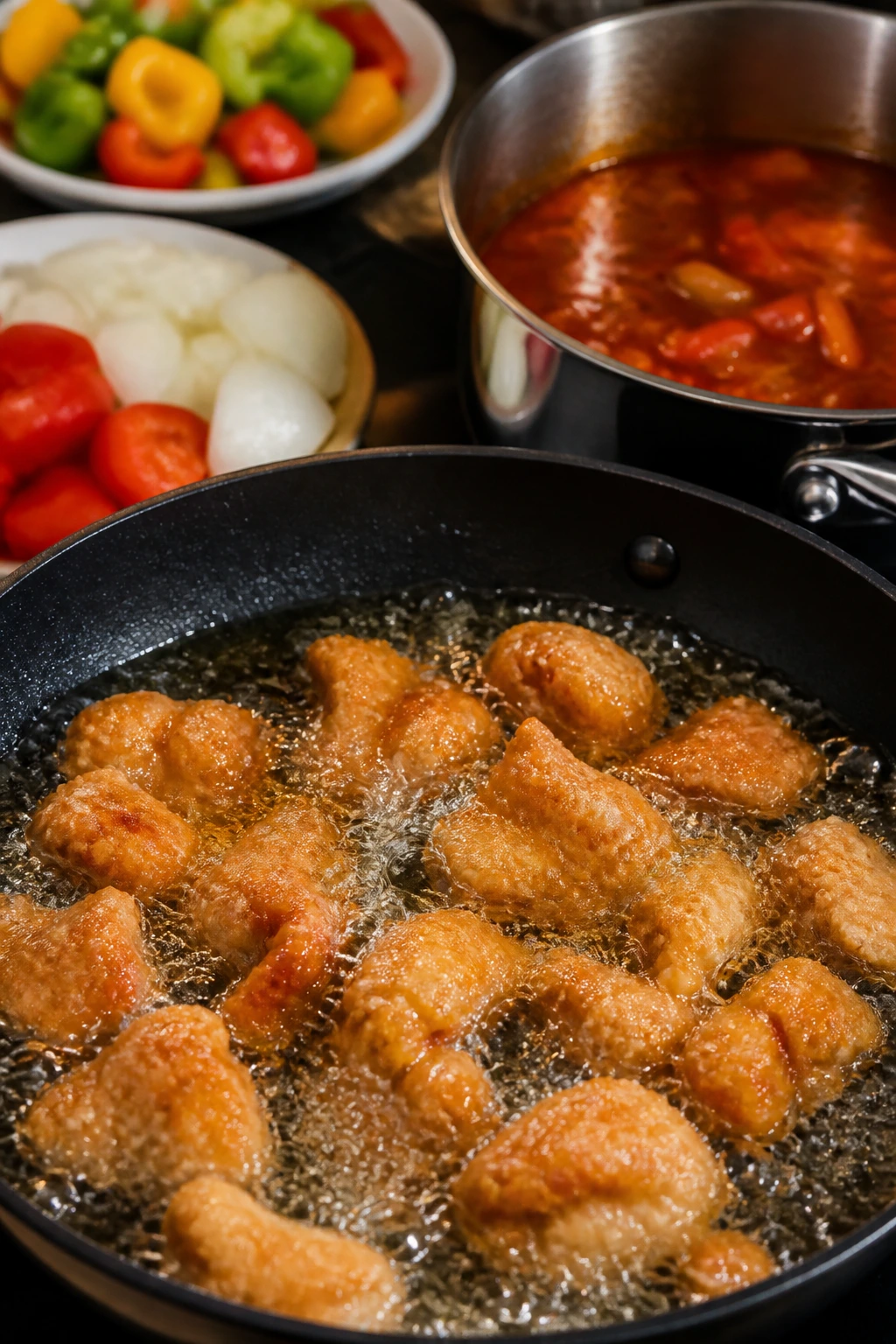Skillet frying chicken for crisp sweet-sour with oil bubbling