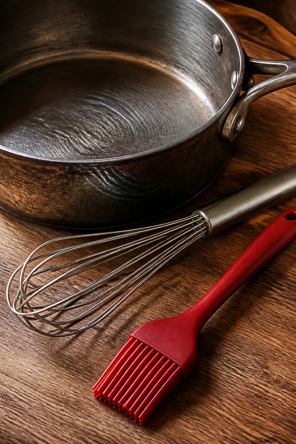 Pan, whisk, and silicone brush arranged on a wooden counter