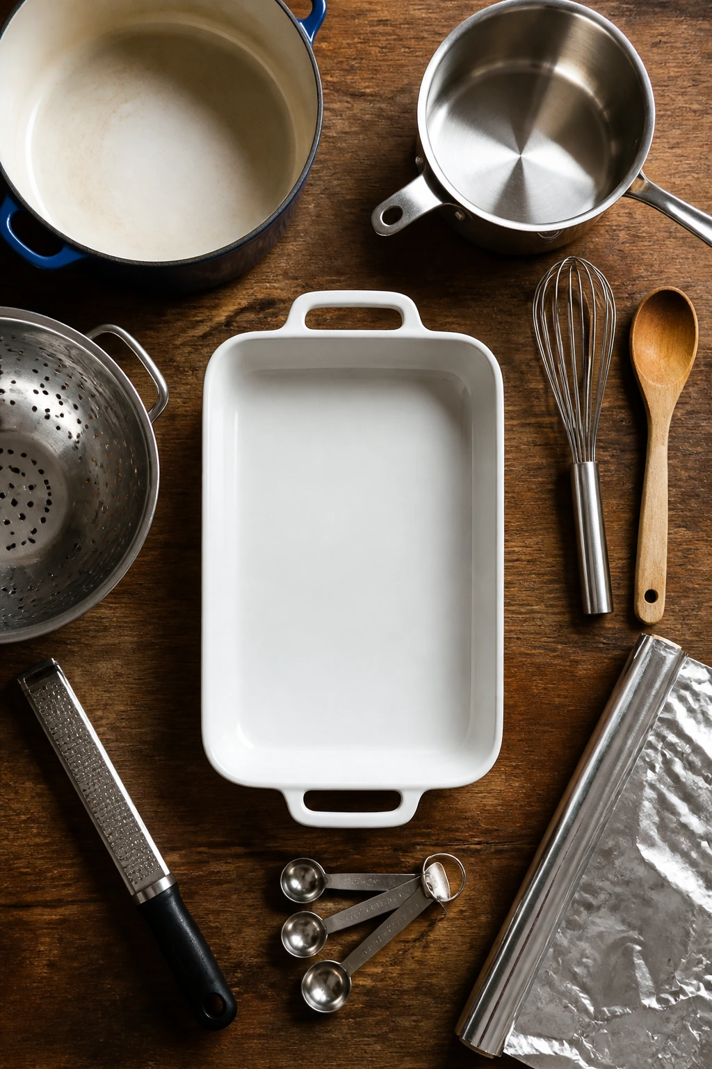 Arrangement of essential pastitsio equipment on a kitchen counter