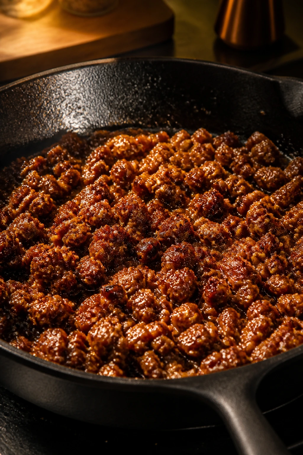 Close-up of browned pork with glossy glaze in a cast-iron skillet