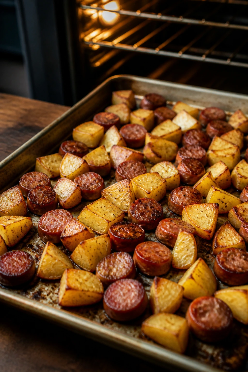 Sheet pan with potatoes and sausage ready for roasting