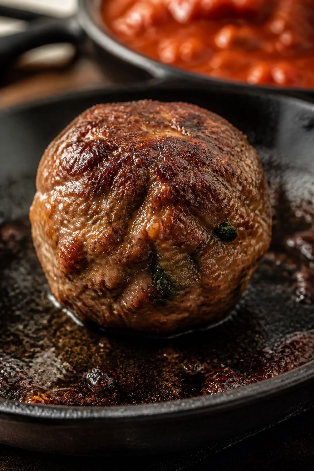 Close-up of meatball showing panade and browning in skillet