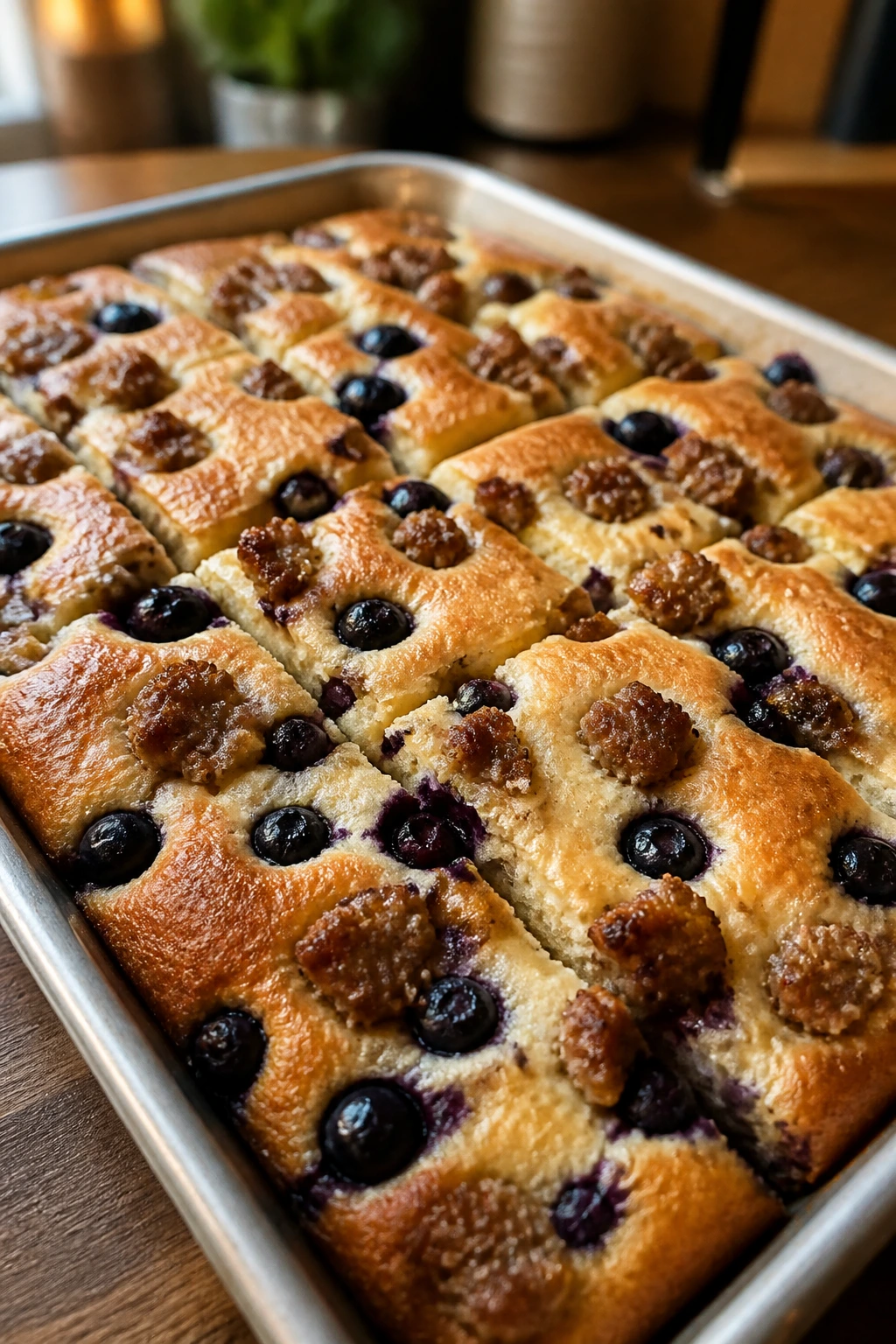 Sheet-pan pancake bake with sausage and blueberries in oven-lighted kitchen
