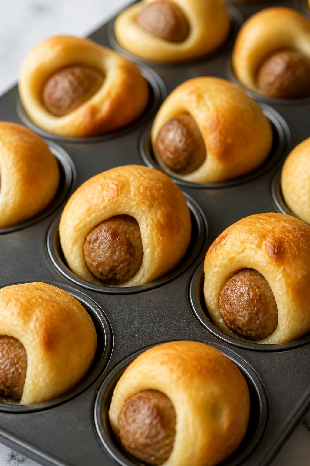 Close-up of mini pancake sausage bites in a muffin tin.